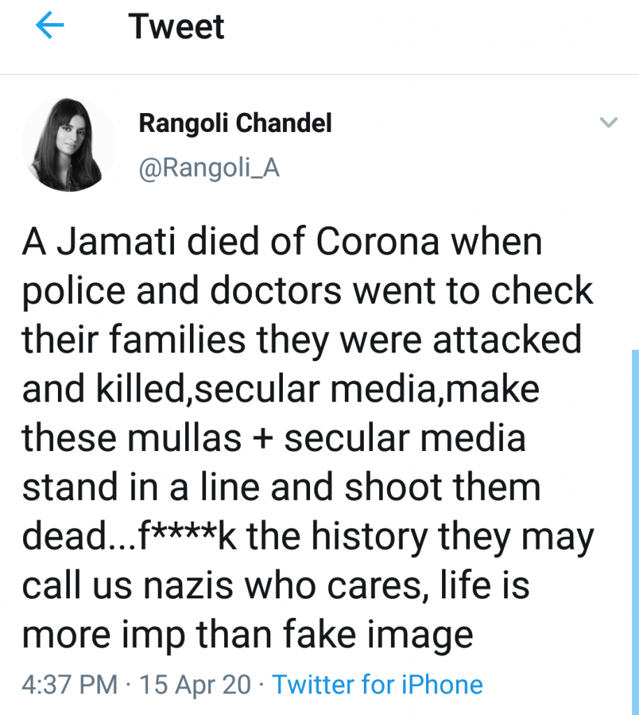 Islamophobia got Rangoli Chandel's Twitter account suspended  