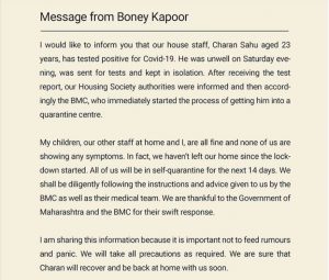 Statement of Boney Kapoor after house member tests positive of Covid-19  