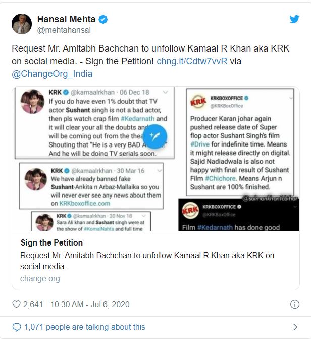 Kangana Ranaut slashes again when Hansal asked Amitabh To Unfollow KRK  