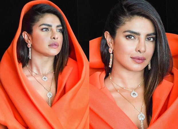 Actor Priyanka Chopra looks exquisite in a saffron blazer dress for Bulgari event in Dubai