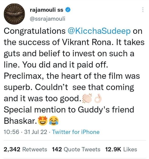 SS Rajamouli praises Kichcha Sudeepa’s Vikrant Rona movie  
