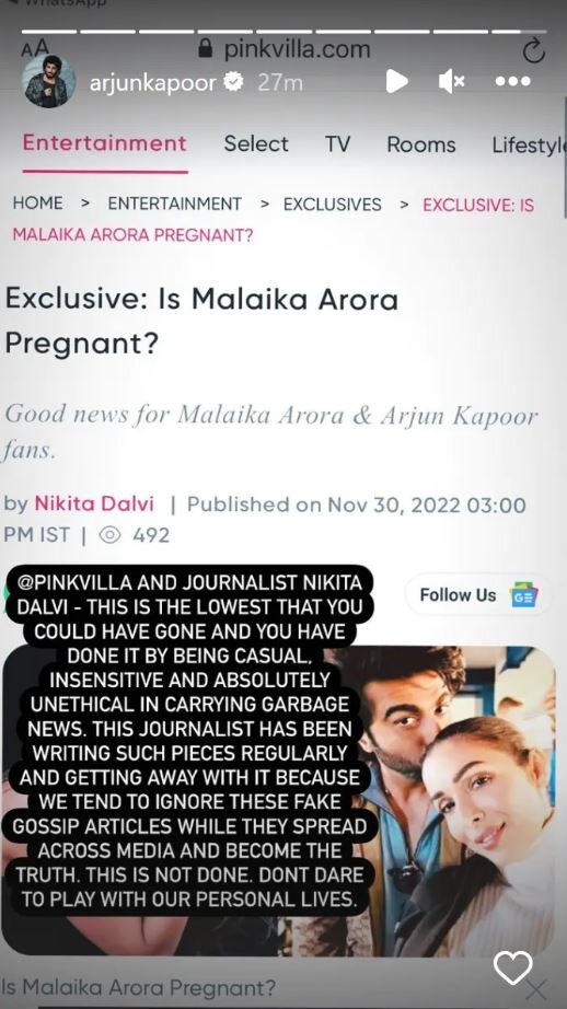 Arjun Kapoor gives befitting reply to Malaika's pregnancy rumours  